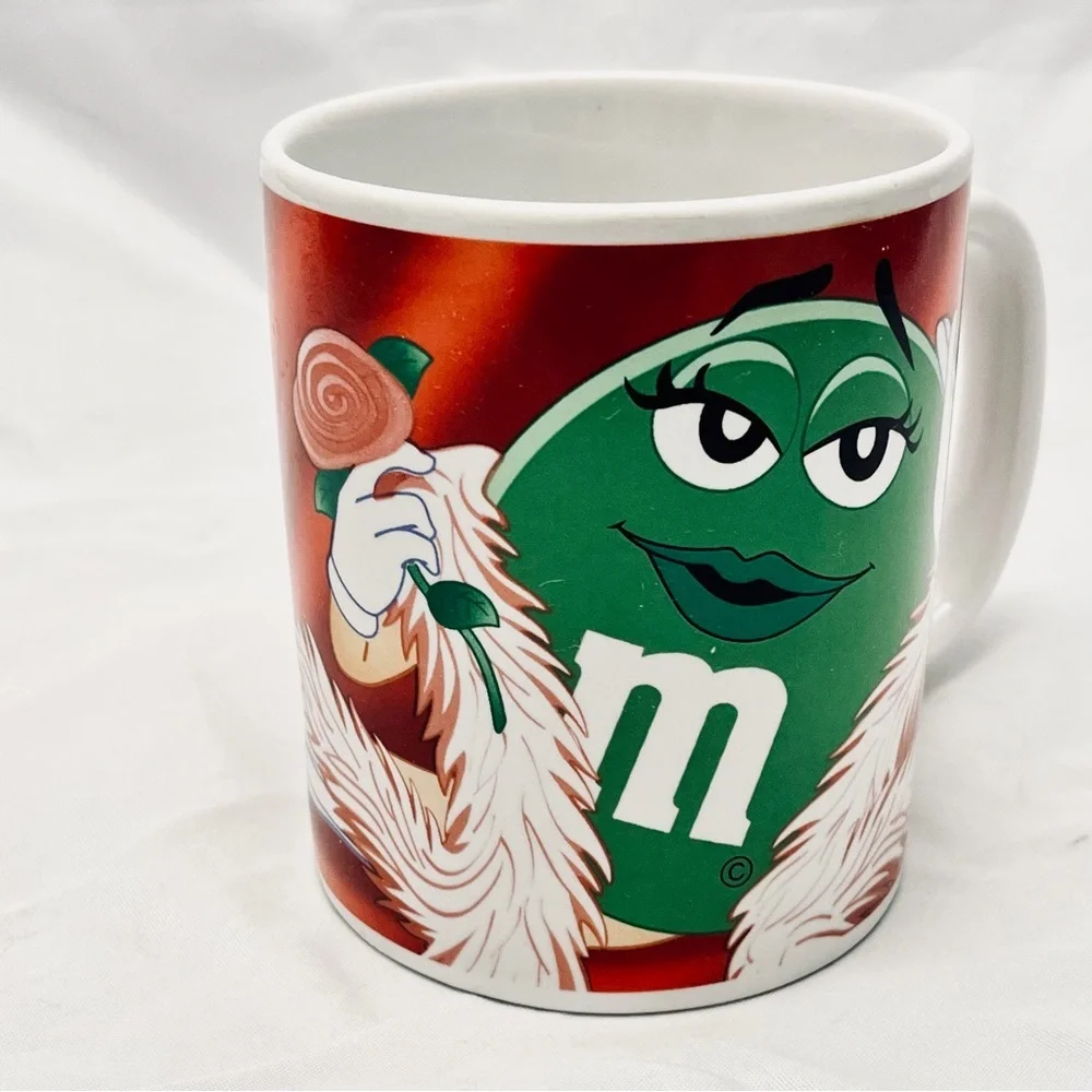 Coffee Mug - Green M&M, White Feather Boa and Pink Rose, EUC